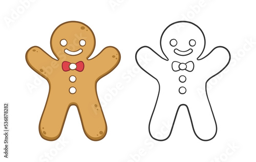 Gingerbread man cookie outline and colored doodle cartoon illustration set. Winter Christmas food theme coloring book page activity for kids.