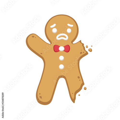 Sad gingerbread man cookie with bite. Winter Christmas food cartoon illustration.