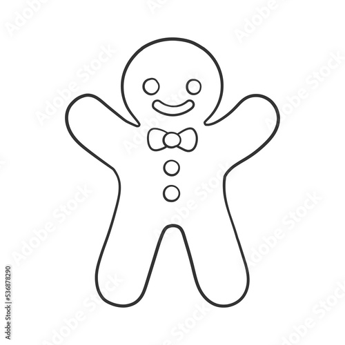 Gingerbread man cookie outline doodle cartoon illustration. Winter Christmas food theme coloring book page activity for kids.