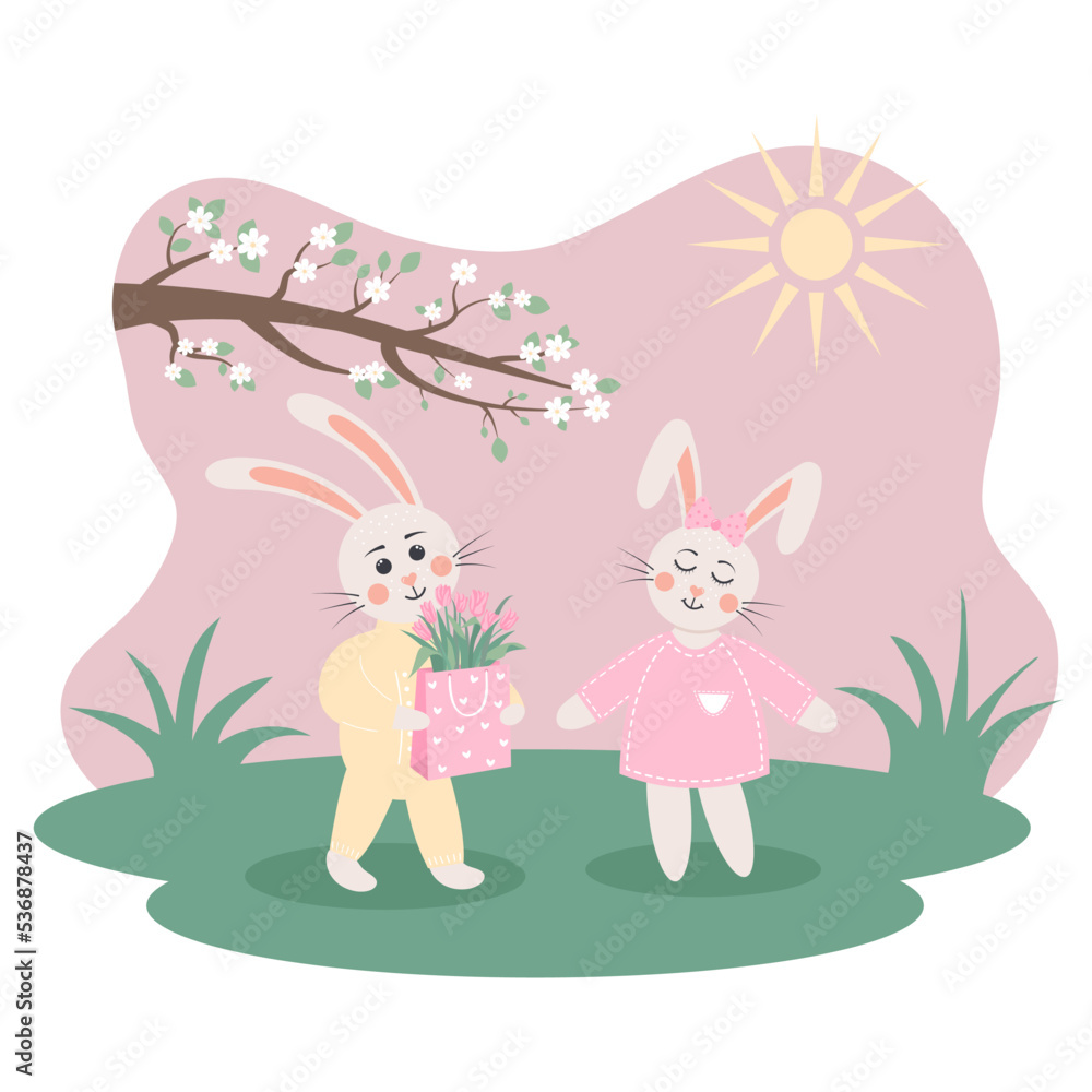 Fototapeta premium Bunny boy gives a bouquet of tulips in a packet to a bunny girl. Cute bunnies in love on the meadow. Spring greeting card. March 8 holiday.