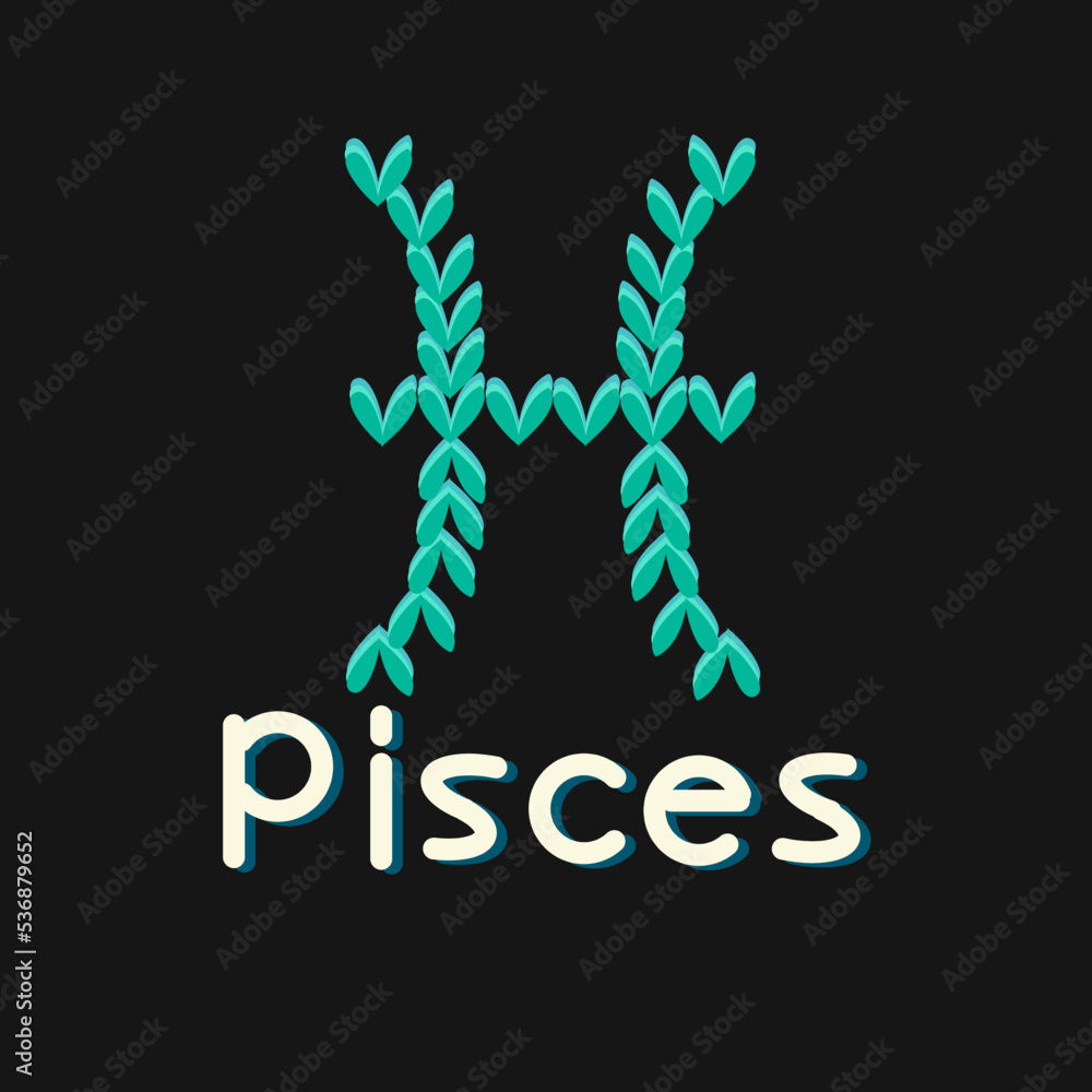 Zodiac sign Pisces, hand drawn vector with blue and green mini hearts isolated on the black background