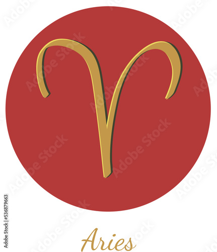 Zodiac sign Aries, hand drawn vector with gold color and shadow isolated on the red and white background