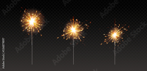3d realistic vector icon set. Celebration candles, sparkles. Bengal fire sticks. Isolated.