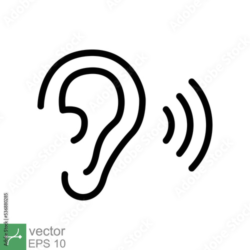 Ear listen icon. Simple outline style. Hear sound, noise, waves, deaf, human sense concept. Thin line symbol vector illustration design isolated on white background. EPS 10.