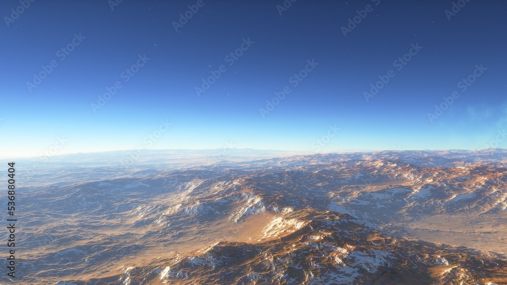 Exoplanet fantastic landscape. Beautiful views of the mountains and sky with unexplored planets. 3D illustration.
Exoplanet fantastic landscape. Beautiful views of the mountains and sky with unexplored planets. 3D illustration.