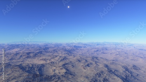 Exoplanet fantastic landscape. Beautiful views of the mountains and sky with unexplored planets. 3D illustration. 