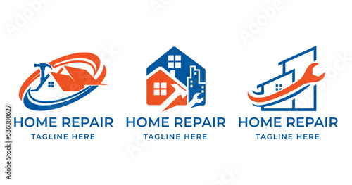 House Repair Logo Bundle. Orange and Blue House Logo with Hammer and Handyman Tools Vector Illustration.