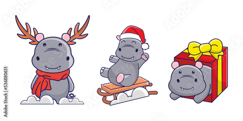 Funny Hippo in Christmas costume and gift