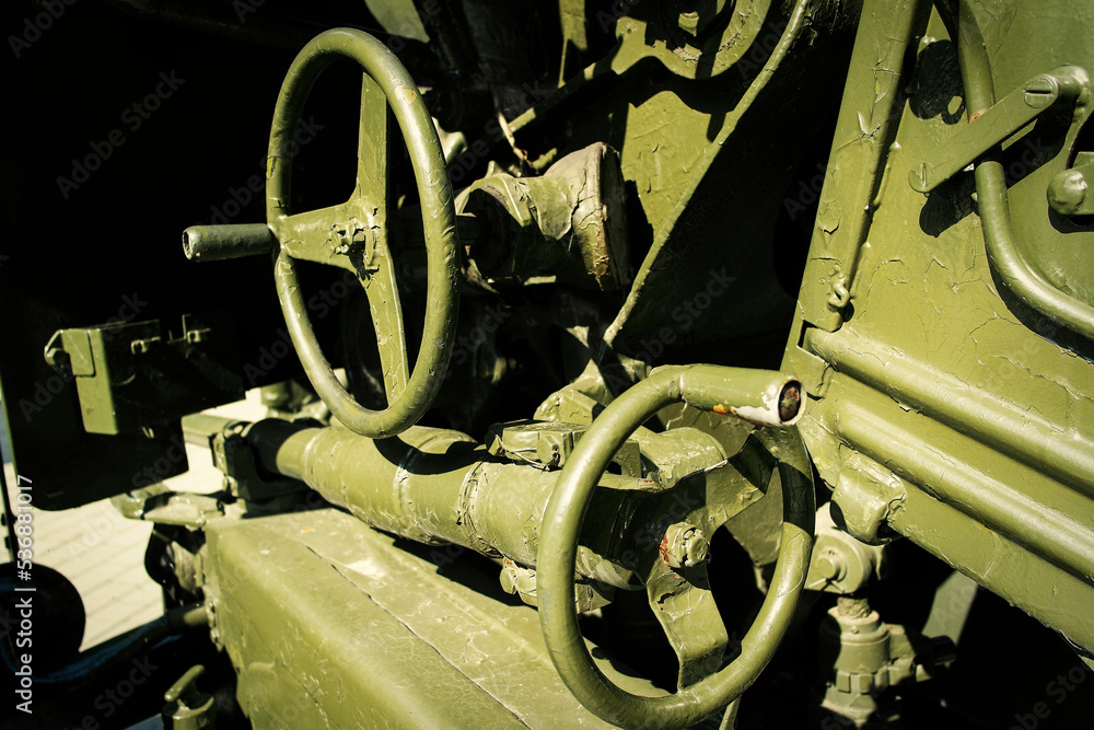 Soviet howitzer. Russian longrange artillery gun in position. Howitzer