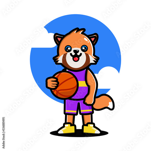 Happy cute red panda playing basketball