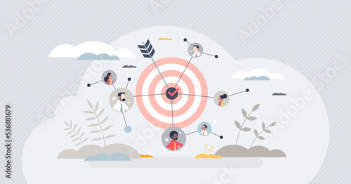 Audiences network and social group effective targeting tiny person concept. Analyzing consumer community for focused marketing campaign vector illustration. Graphic with specific loyal auditorium part
