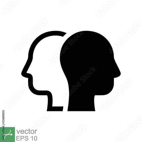 Two head icon. Simple flat style. Human profile, opposite, psychology, duality, double, paradox, diversity, tolerance and opposites concept. Vector illustration isolated on white background. EPS 10.