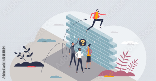 Barrier to competition and obstacles for achievement tiny person concept. Business challenge and hold back situation because of prejudice and inequality vector illustration. Employee discrimination.
