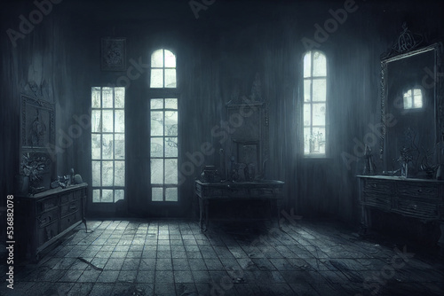 creepy interior of an abandoned building background, concept art, digital illustration, haunted house, scary interior, Generative AI	 photo