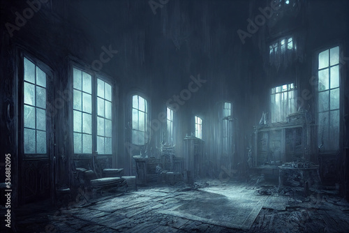 creepy interior of an abandoned building background, concept art, digital illustration, haunted house, scary interior, Generative AI photo