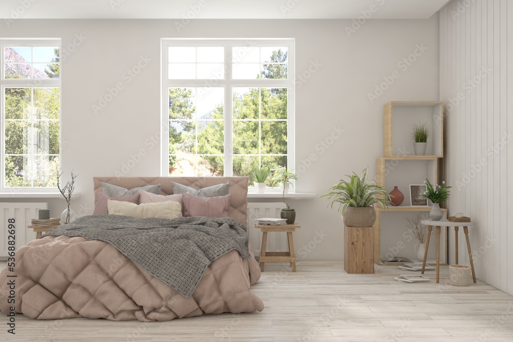 Fototapeta premium White bedroom interior. Scandinavian design. 3D illustration
