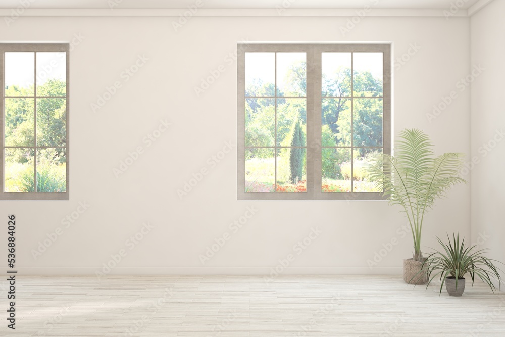 Fototapeta premium White room with sofa and green landscape in window. Scandinavian interior design. 3D illustration