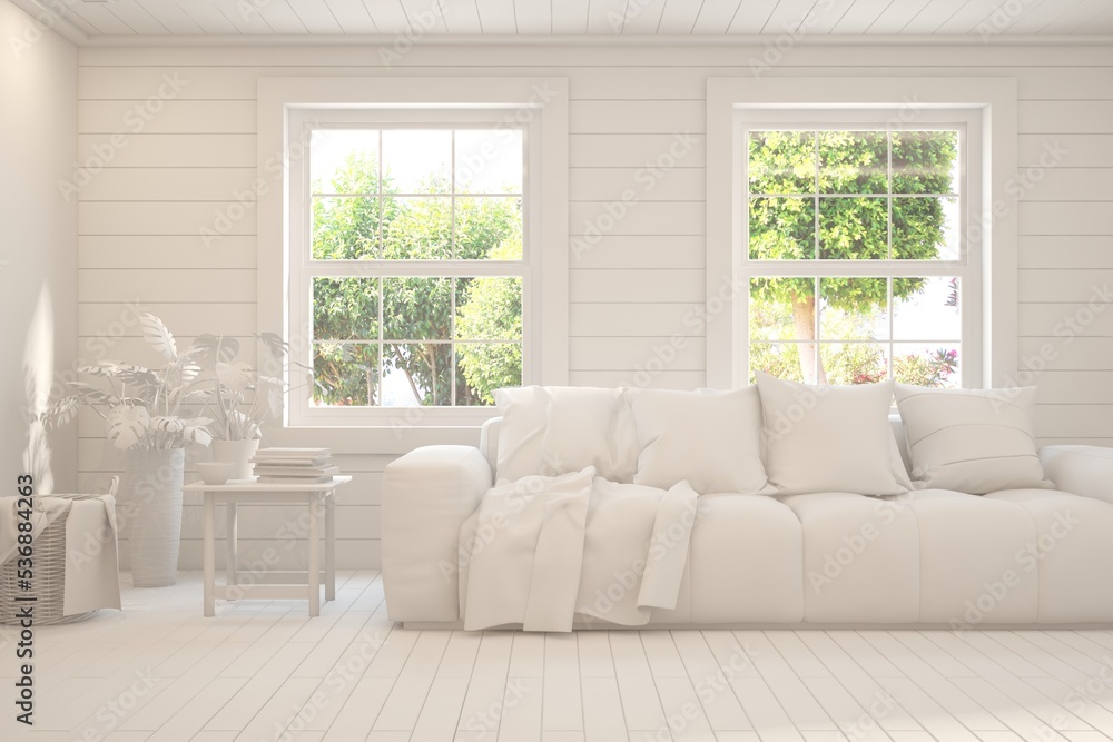 Fototapeta premium Mock up of stylish room in white color with sofa and green landscape in window. Scandinavian interior design. 3D illustration