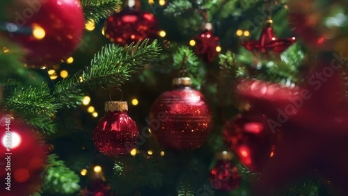 Christmas tree decorated with red balls photo