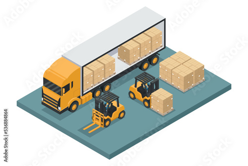 Isometric forklift unloading stacked boxes on pallet from container truck or delivery truck. Safety in handling a fork lift truck. Industrial logistics of storage and distribution of products
