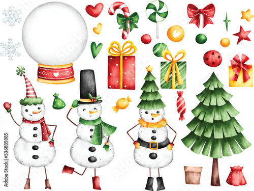 Watercolor Illustration set of snowman and christmas ornaments