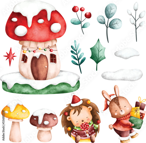 Fototapeta Naklejka Na Ścianę i Meble -  Watercolor Illustration set of woodland animals and christmas decoration