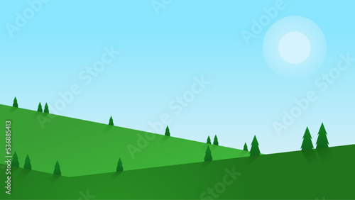 meadow landscape with pine trees and clear blue sky