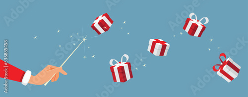 Santa Doing Magic Multiplying Christmas Gifts Vector cartoon. Santa celebrating a magical holiday with presents and seasonal fun

