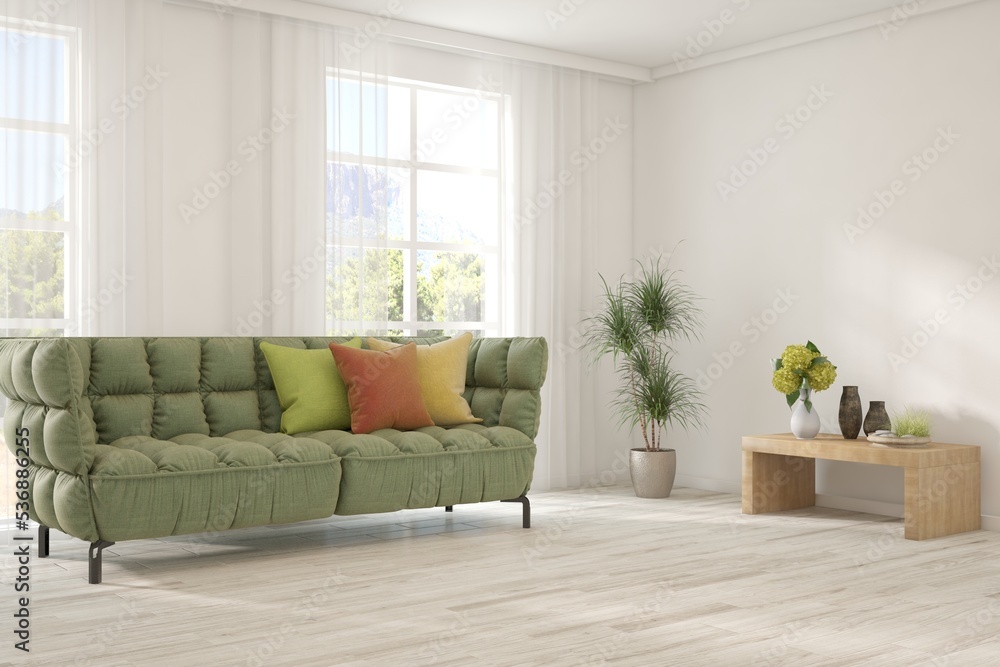 Fototapeta premium White living room with sofa. Scandinavian interior design. 3D illustration