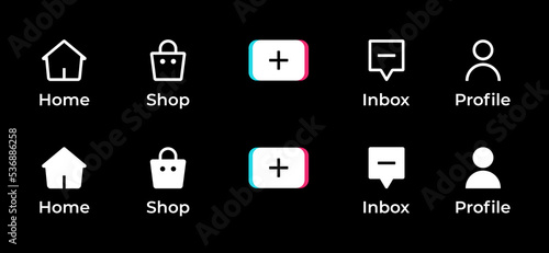 Home, shop, create, inbox, and profile. Icon set of Tiktok menu interface