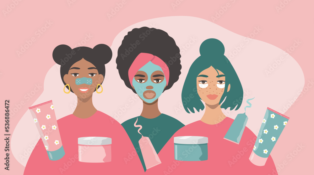 vector illustration in a flat style on the theme of teen skin care cosmetics. three teenager girls of different races vector illustration in a flat style on the theme of teen skin care cosmetics. three teenager girls of different races