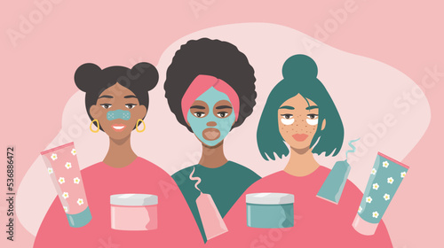 vector illustration in a flat style on the theme of teen skin care cosmetics. three teenager girls of different races