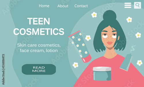 vector illustration in a flat style, a banner for a website on the theme of teen skin care cosmetics