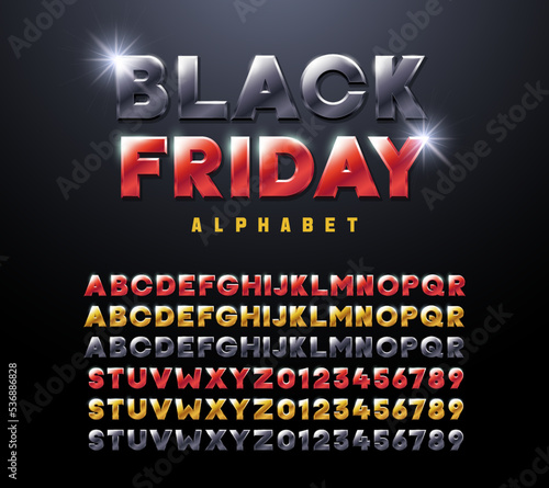 Black Friday sale alphabet. Vector typeface for promotional content, web banners, related with sales, discounts. Letters and numbers in black, red and gold with metallic effect