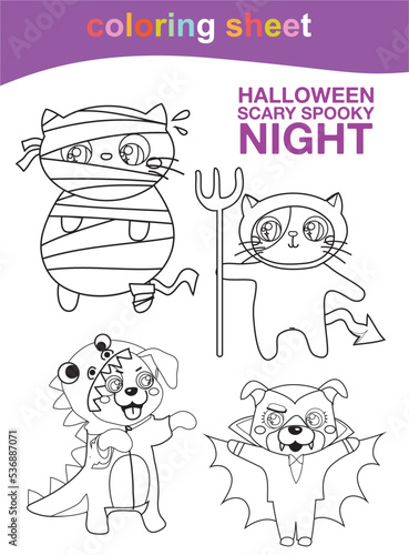 Coloring page for toddlers. Cute animal dress in Halloween costumes. Activity kit for kindergarten students. Cute Halloween illustration. Coloring Halloween worksheet page. Vector illustration file