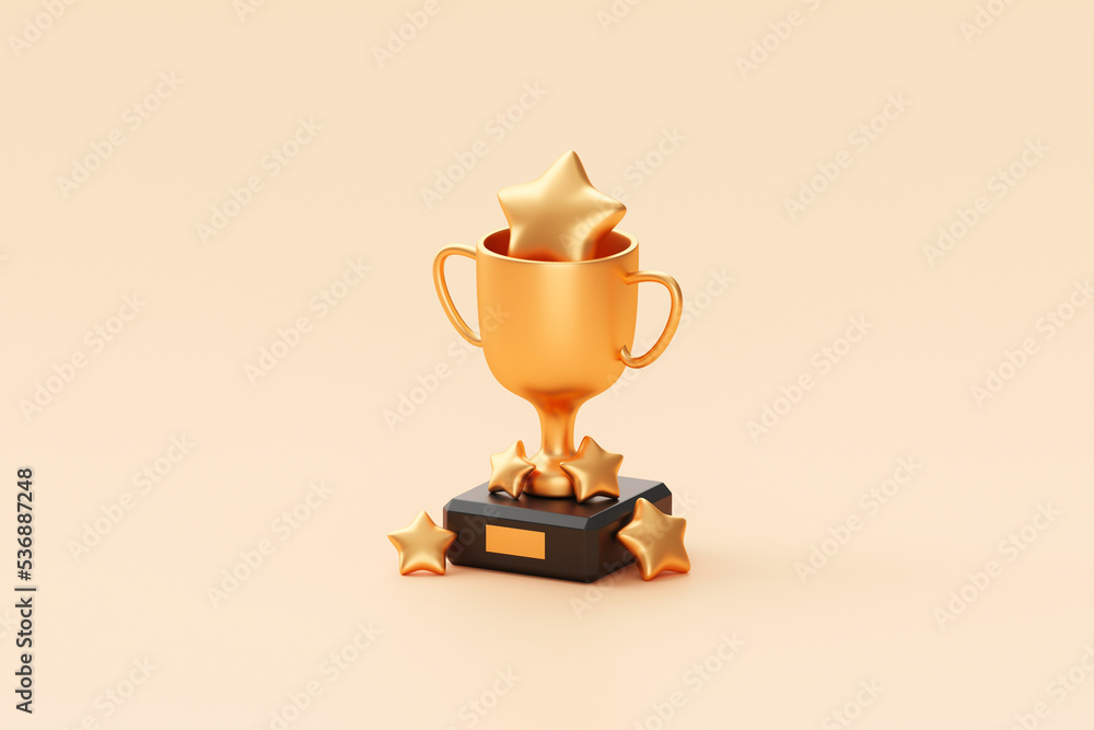Gold five star rating trophy success award symbol on achievement 3d background of best customer feedback review winner prize or golden victory premium quality ranking rate and excellent satisfaction. - obrazy, fototapety, plakaty 