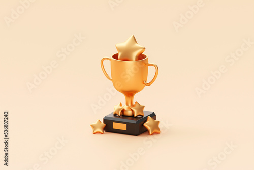 Gold five star rating trophy success award symbol on achievement 3d background of best customer feedback review winner prize or golden victory premium quality ranking rate and excellent satisfaction. photo