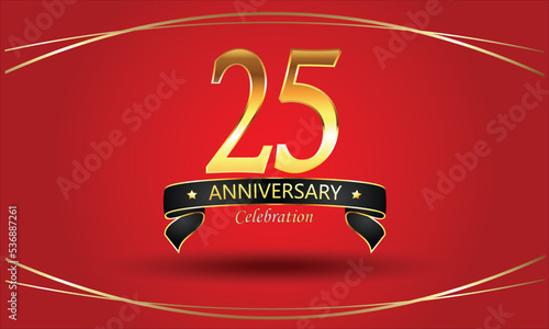 25th Anniversary Celebration with red background. 25 Year Golden anniversary banner. red anniversary celebration. Golden anniversary with ribbon