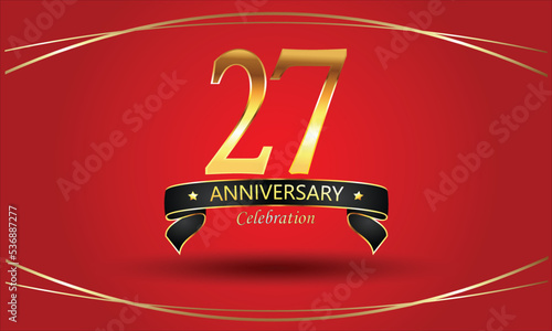 27th Anniversary Celebration with red background. 27 Year Golden anniversary banner. red anniversary celebration. Golden anniversary with ribbon