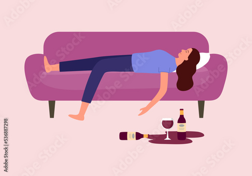 Drunk woman sleeping on a sofa in flat design. Alcoholic female sleep after drinking wine.