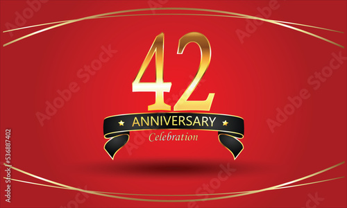 42nd Anniversary Celebration with red background. 42 Year Golden anniversary banner. red anniversary celebration. Golden anniversary with ribbon