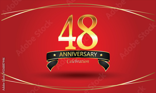 48th Anniversary Celebration with red background. 48 Year Golden anniversary banner. red anniversary celebration. Golden anniversary with ribbon