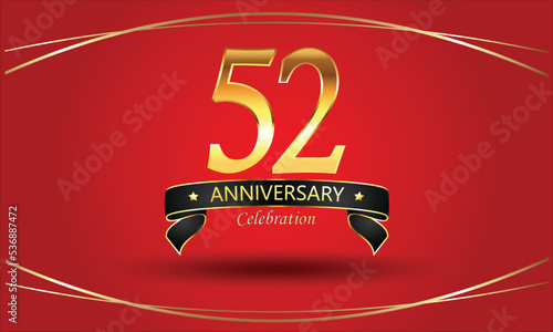 52nd Anniversary Celebration with red background. 52 Year Golden anniversary banner. red anniversary celebration. Golden anniversary with ribbon