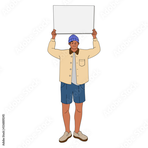 Man holding blank sign vector illustration in line filled design