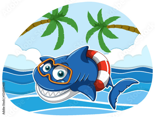 Shark swimming using inflatable ring in the sea