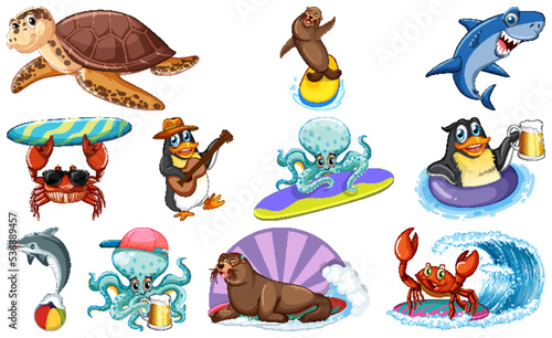 Set of various sea animals cartoon characters