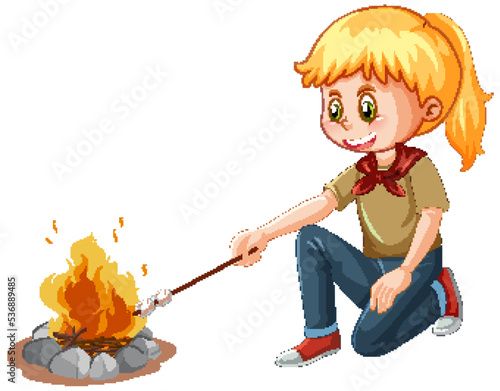 Camping girl roasting marshmallow on campfire