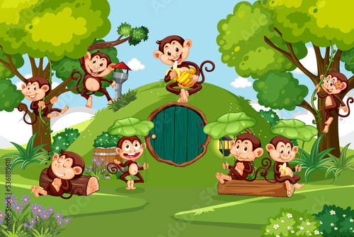 Fototapeta Naklejka Na Ścianę i Meble -  Happy monkey family in the forest