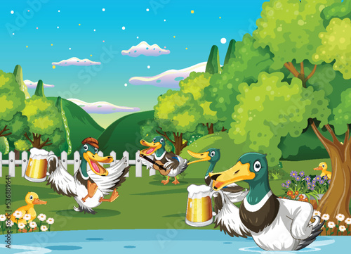 Outdoor scene with cartoon ducks