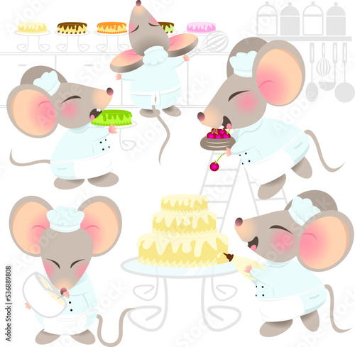 cooking mouse cute pastry mice bakery cake kitchen factory vector set cartoon classic daily activities in business rat rodent daily expression series photo